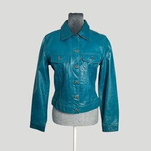 Vintage 2000s Y2K GAP teal blue leather cropped trucker jacket Sz Small